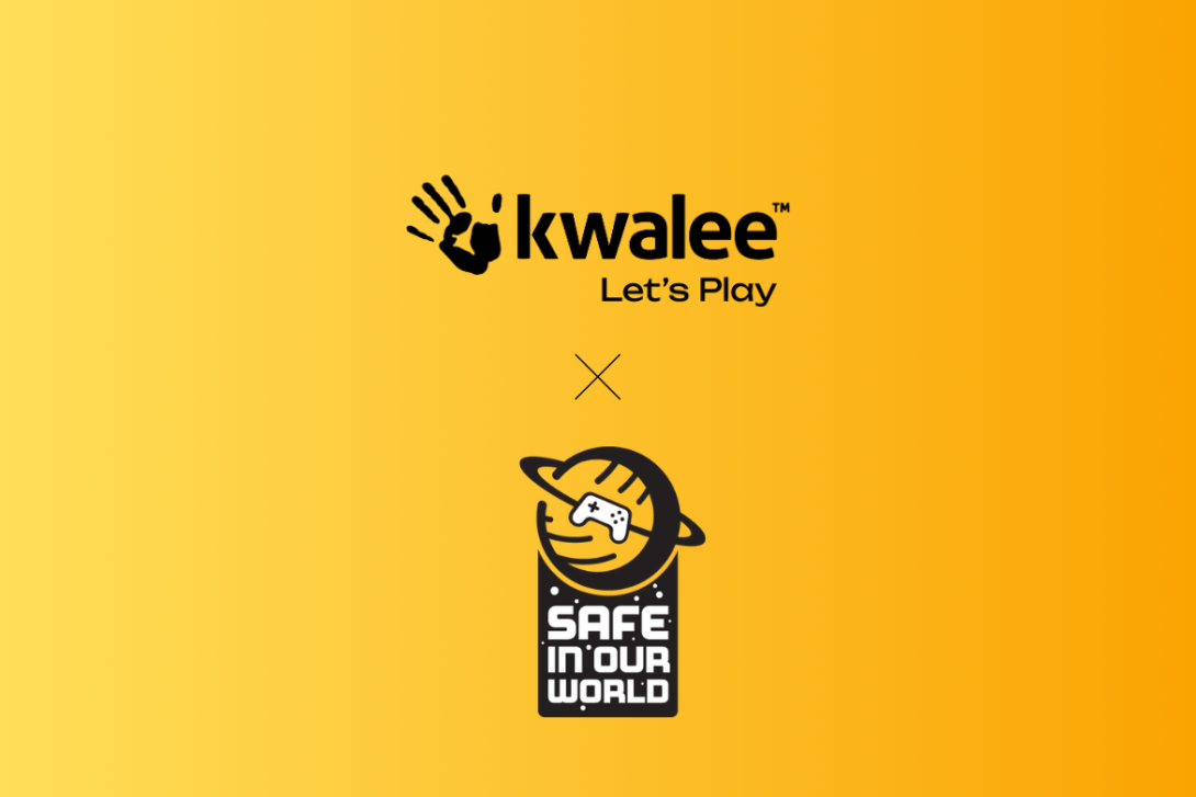 Yellow background with Kwalee and Safe In Our World logos side by side. Kwalee logo on the left, Safe In Our World logo on the right. Symbolizing unity and support for mental health in the gaming community.