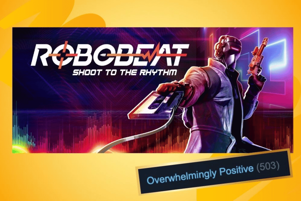 The image shows key artwork for the indie game Robobeat, featuring a futuristic character Ace holding a gun and a cassette. The tagline reads "Shoot to the Rhythm," and the background has vibrant neon colours. In the bottom right corner, a label indicates the game has an "Overwhelmingly Positive" rating with 503 reviews on Steam.